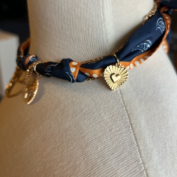 Gold Western Bandana Orange and Blue Necklace with Boot and Flower Charms - Picture 5 of 8